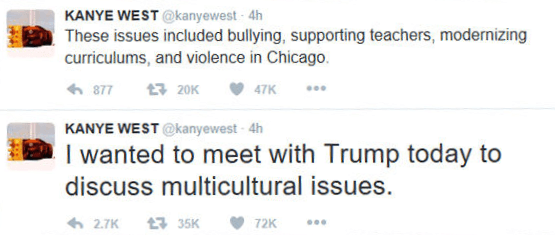 “Quise reunirme con Trump hoy para discutir temas multiculturales”, tuiteó West el 13 de diciembre de 2016. “Los temas incluyen el bullying, apoyar a maestros, modernizar currículos y la violencia en Chicago “, añadió.