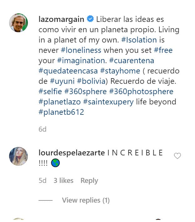 "Liberar las ideas es como vivir en un planeta propio", publicó Lorenzo Lazo, de 66 años. Su novia replicó con un 
<b>"¡increíble!". </b>
<br>