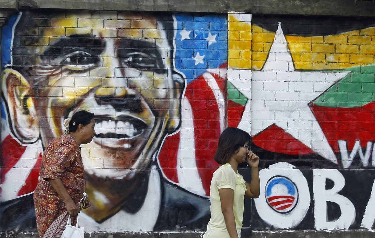 La imagen del presidente Barack Obama en un muro de Myanmar, a propósito de su visita en 2012.