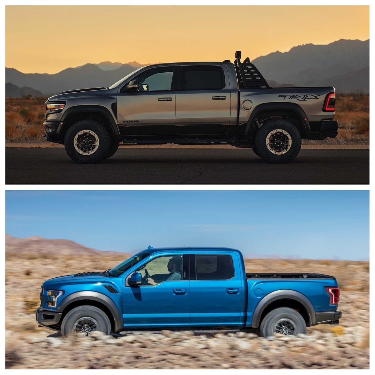 La TRX también es más larga que la Raptor, aunque no por mucho, pues miden 232.9 pulgadas (592 cm) y 231.9 pulgadas (589 cm), respectivamente. Aunque en distancia entre ejes, la Raptor sí supera a la TRX con 146 pulgadas (371 cm) y 145.1 pulgadas (369 cm), respectivamente.