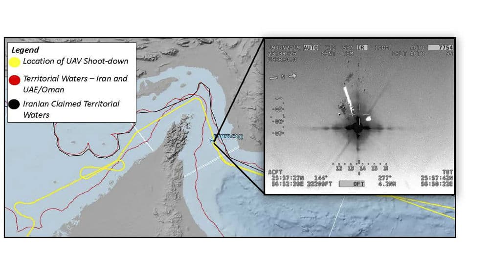 El Comando Central de las Fuerzas Armadas de EEUU mostró un mapa en el que describe la ruta de vuelo y el sitio donde Irán derribó un Halcón Global de RQ-4A de la Armada.