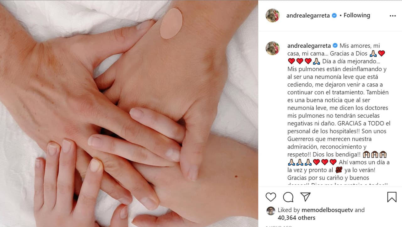 "Día a día mejorando... Mis pulmones están desinflamando y al ser una neumonía leve que está cediendo, me dejaron venir a casa a continuar con el tratamiento", explicó en
<b><a href="https://www.instagram.com/p/CEz5MCnjCpc/" target="_blank">esta foto </a></b>en la que aparece su mano junto la de su esposo Erik Rubín y sus hijas Mia y Nina.
<br>