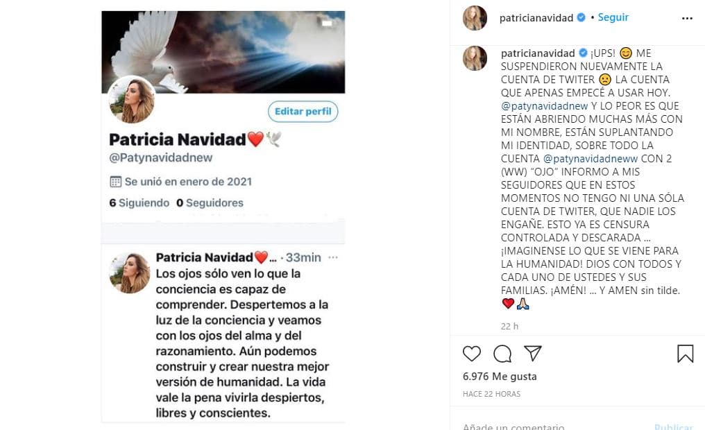 Una vez más notificó a sus followers a través de Instagram: "¡Ups, me suspendieron nuevamente la cuenta de Twitter", en la que también denunció que hay personas que estaban suplantando su identidad.