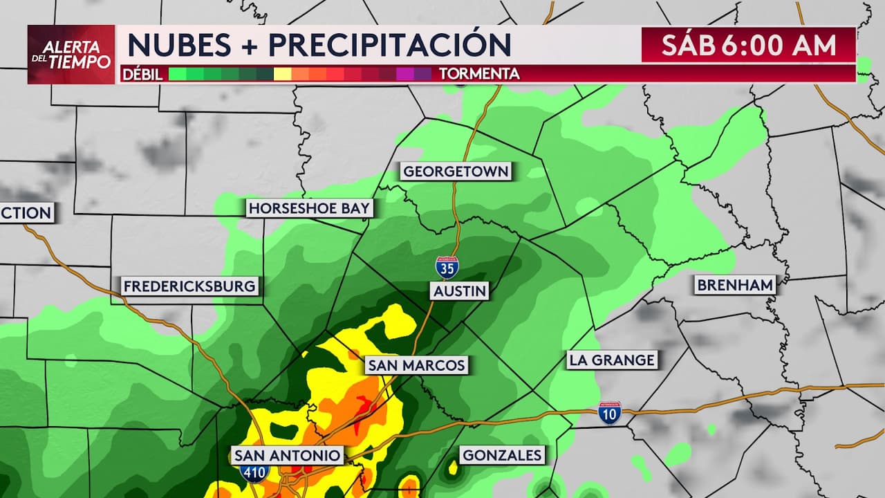 Finalmente, a las 
<b>6 a.m. </b>la actividad más fuerte de lluvia seráa para la región de San Antonio. Pero para nuestra zona de cobertura tendremos 
<b>lluvias bajas para condados Travis, Williamson, Gillespie, Caldwell, Lee y Burnet.</b> Sin embargo, condados 
<b>Hays y Blanco podrán tener lluvias más fuertes. </b>