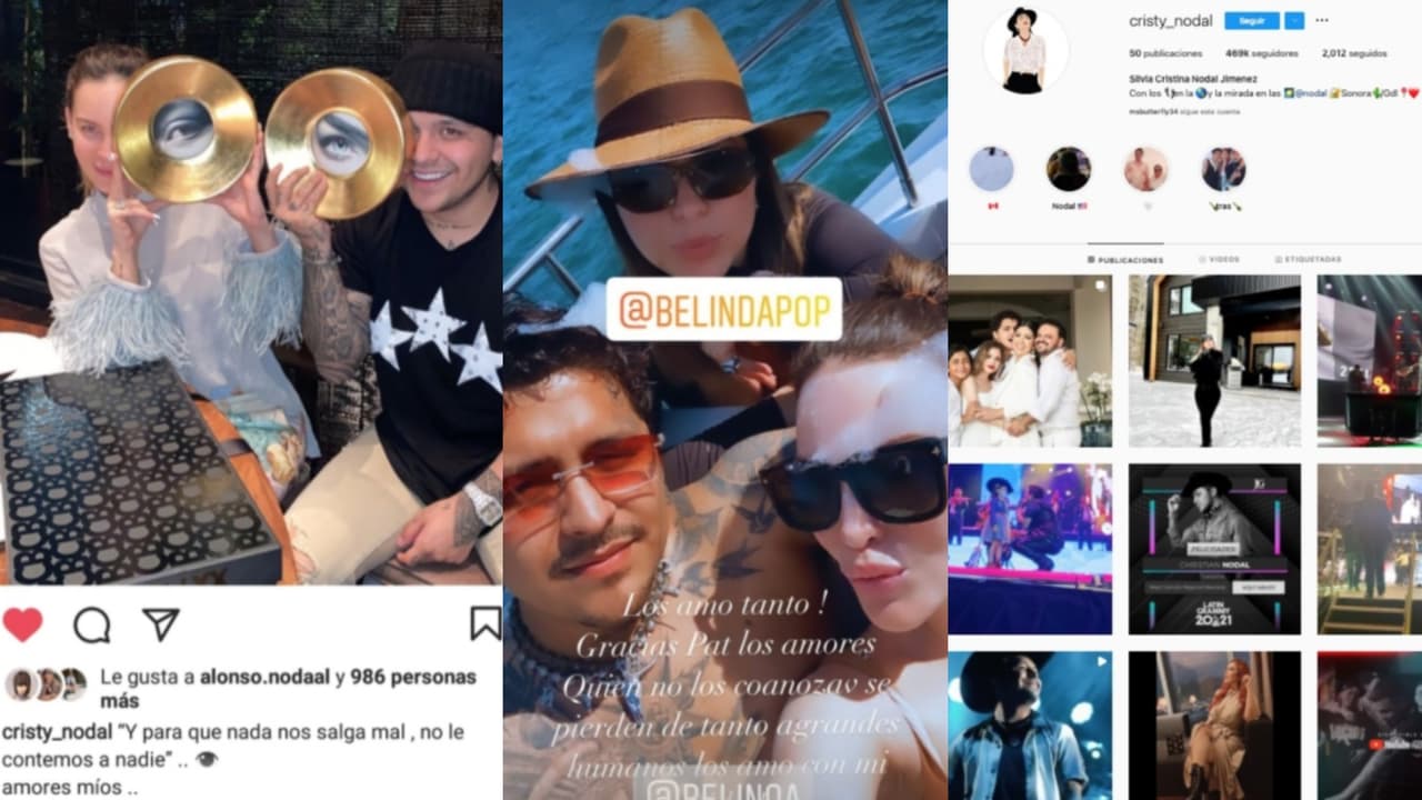 Dos de las fotos que Cristy Nodal llegó a publicar junto a Belinda. A la derecha, el actual perfil de ella sin las fotos con la cantante.