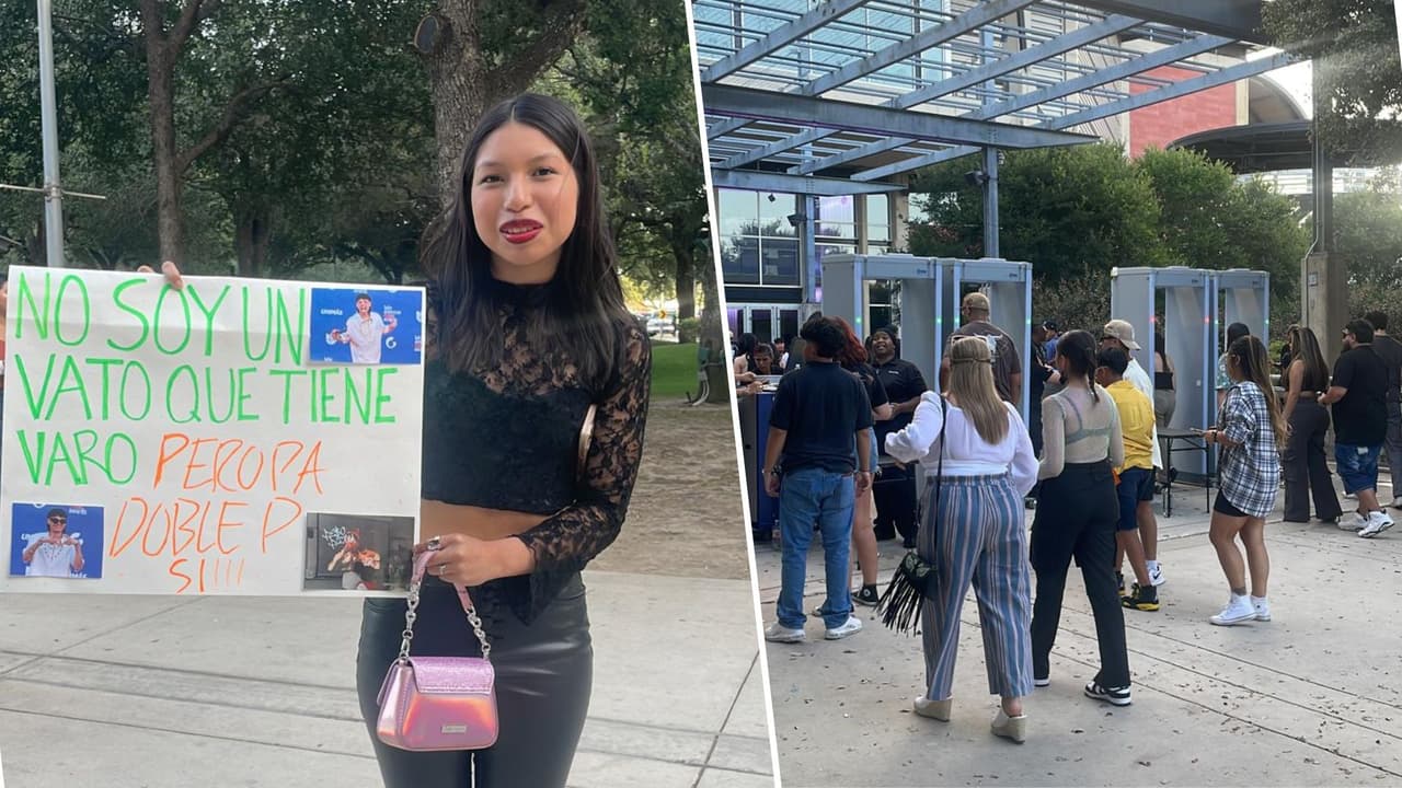 Fans de Peso Pluma llegaron temprano al AT&T Center con pancartas en apoyo al artista de corridos bélicos.