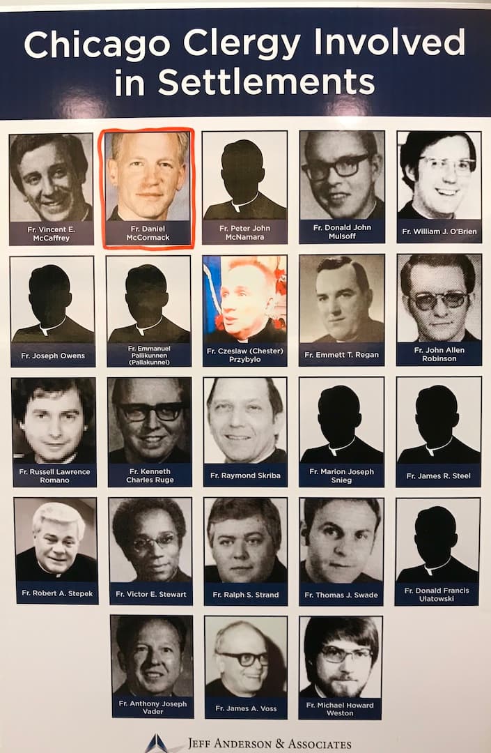 Imágenes de retratos de acusados de abuso, mapas, nombres y la cifra de los gastos de la Arquidiócesis.