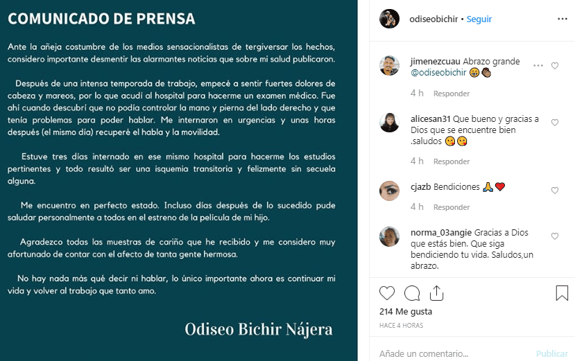 En un comunicado de prensa que divulgó este lunes a través de sus redes sociales, el hermano de Demián Bichir ofreció detalles sobre su distanciamiento de los medios.