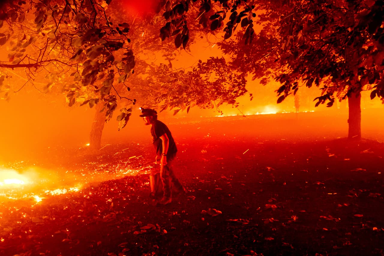El complejo de incendios que azota los condados de Napa, Sonoma y Solano ha arrasado con 219,000 acres de terreno, destruyendo a su paso 480 viviendas y causando daños en 125 más. En la imagen, Matt Nichols apaga las el fuego que arde en su propiedad.