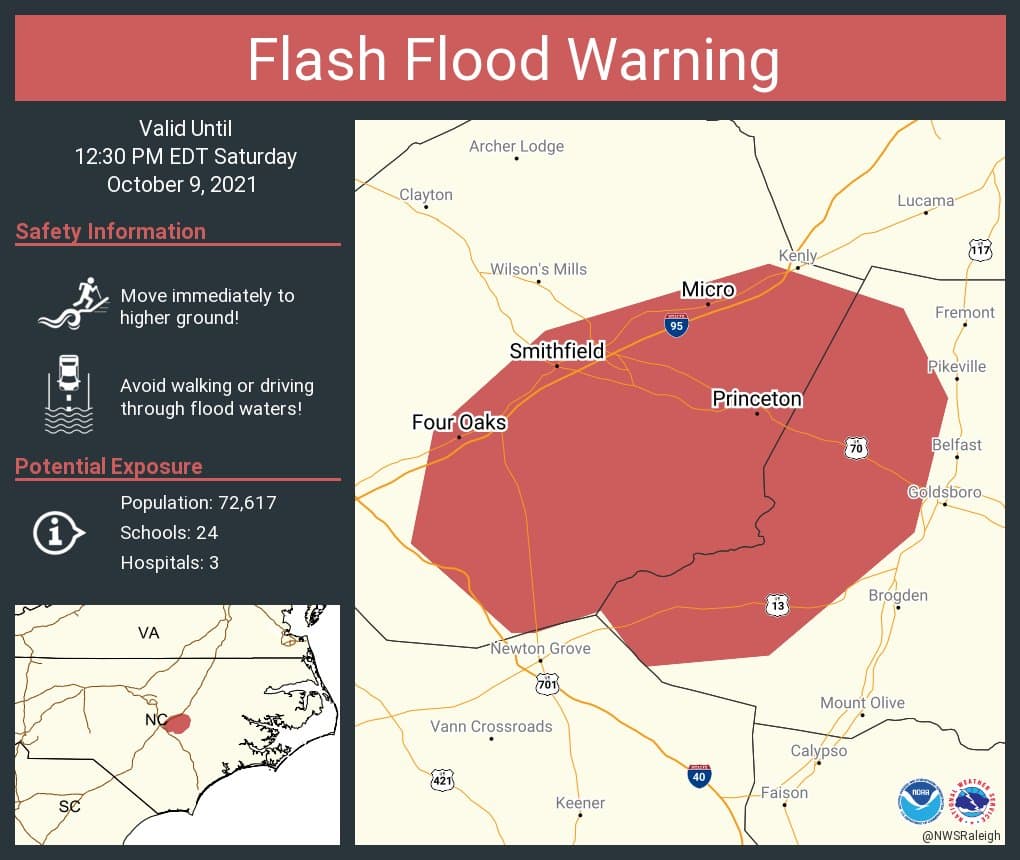 Ciudades como Smithfield, Selma y Four Oaks estarán bajo aviso de inundaciones repentinas hasta las 12:30 p.m.