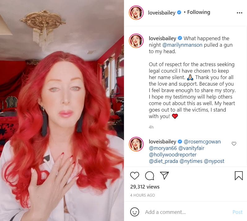 Las acusaciones no han cesado, la artista y activista Love Bailey se convirtió en la novena mujer en dar su testimonio. Según Bailey, el rockero la insultó y le apuntó con una pistola en la cabeza durante una sesión fotográfica que realizaba en su casa, en 2011.