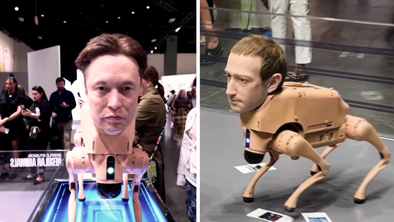 La polémica obra con perros robots con las caras de Musk, Zuckerberg y Bezos que defecan fotografías