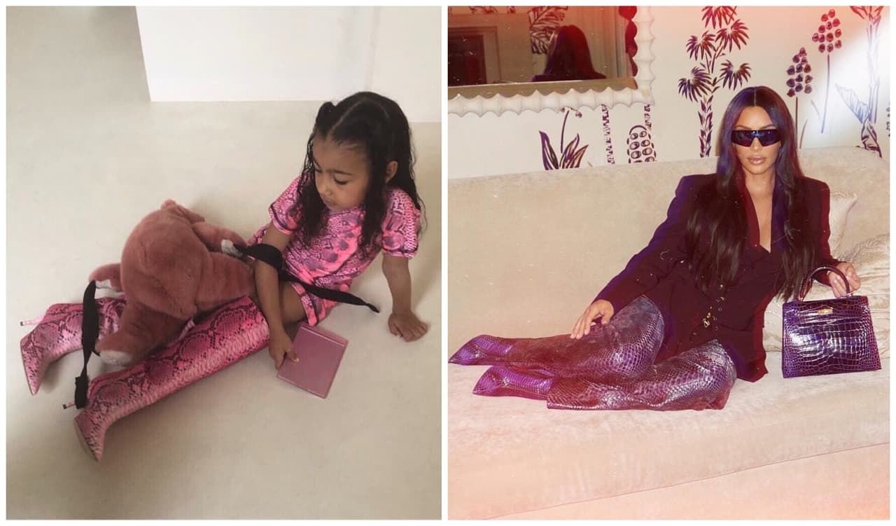 Pero esta no fue la única comparativa, pues en la misma serie de imágenes publicadas por Kim aparece otra donde está North con las botas puestas y una bolsa de osito, lo que se parece a la pose publicada por la empresaria hace apenas unos días.