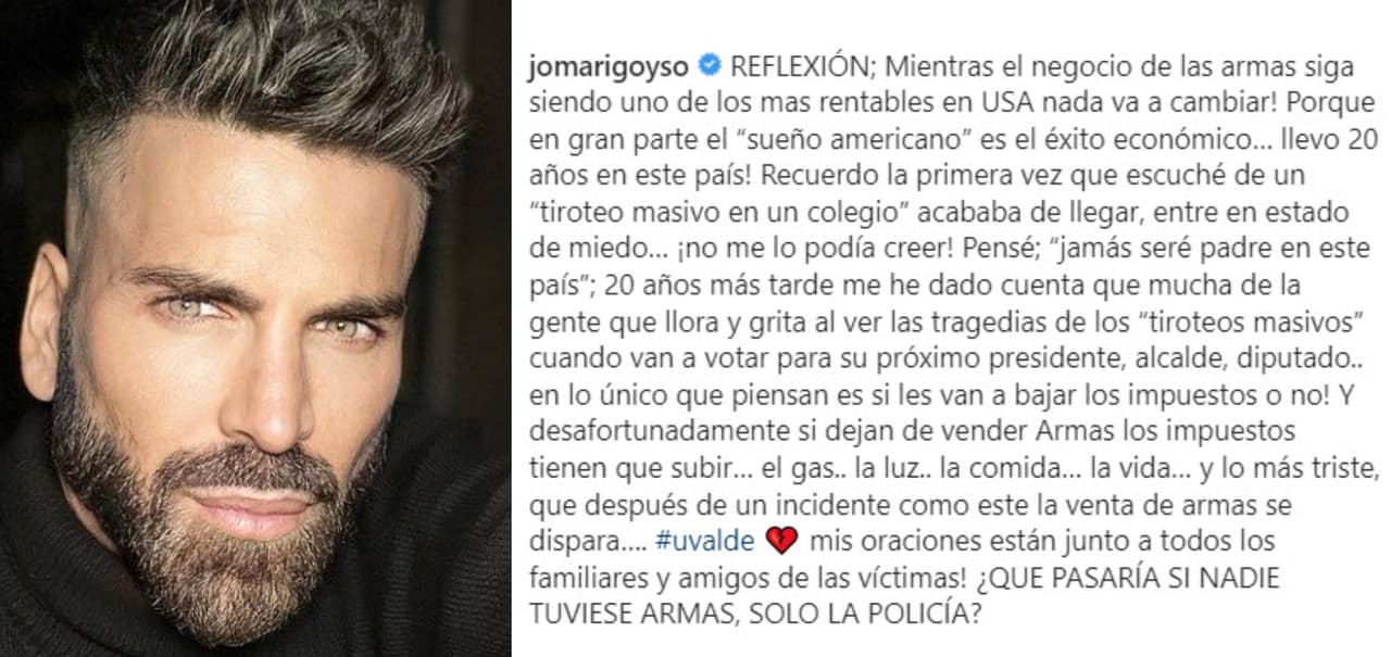 Jomari Goyso se sumó al debate sobre el control de armas que revivió tras la tragedia: "Mientras el negocio de las armas siga siendo uno de los más rentables en USA, ¡nada va a cambiar! Porque en gran parte el 'sueño americano' es el éxito económico […] 
<b>¿qué pasaría si nadie tuviese armas?</b> Solo la policía".