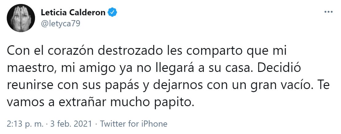 Fue por la misma plataforma que compartió "con el corazón destrozado" la noticia de su muerte.
<br>