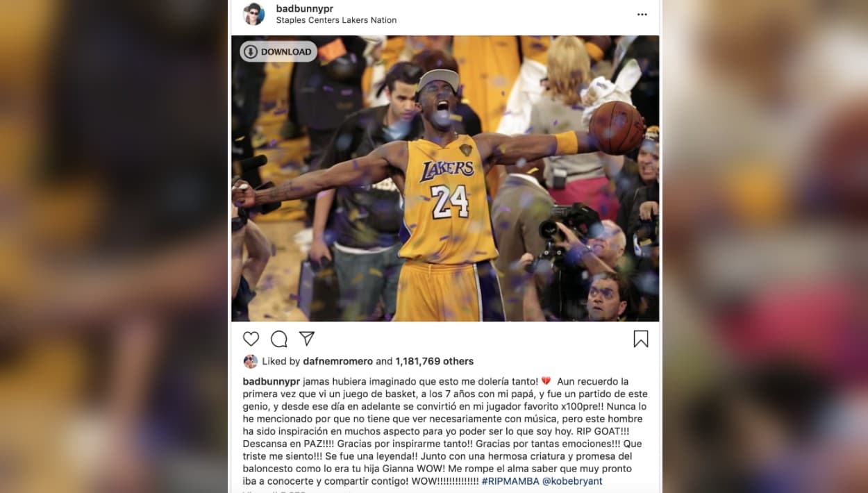 Bad Bunny tenía en agenda un encuentro con su ídolo, Kobe Bryant.