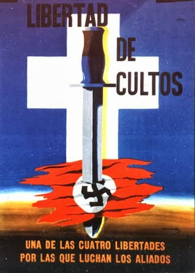 El valor de la libertad de cultos también fue exaltada en las gráficas de los talleres populares que realizaron estos carteles mexicanos.