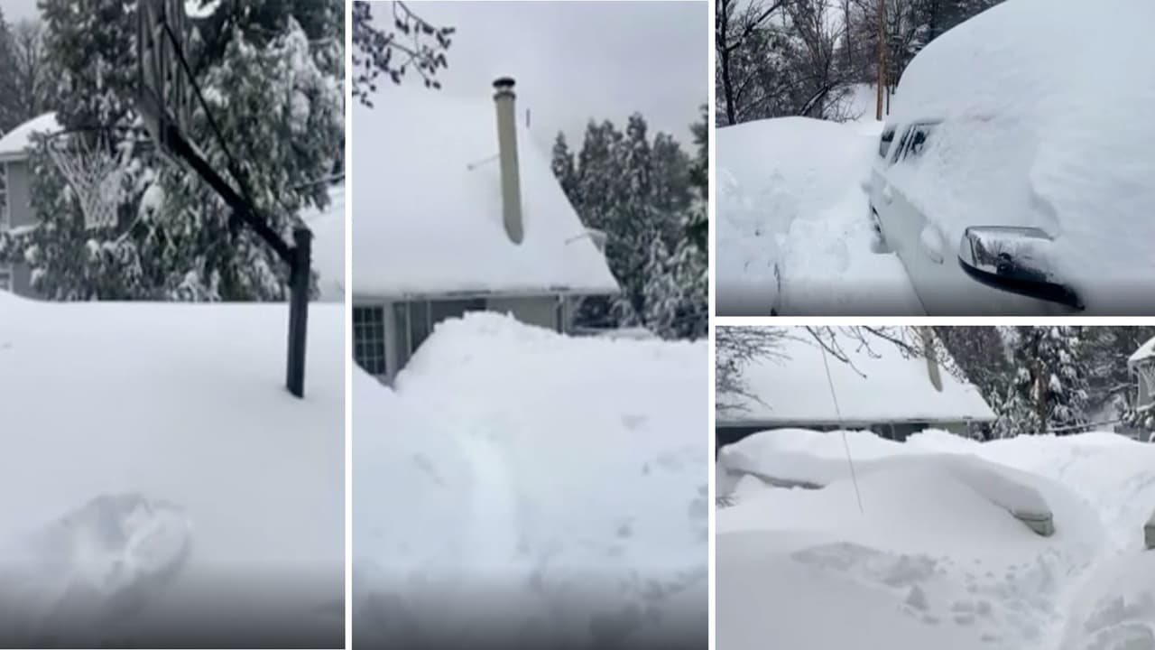Las autoridades locales reportan más de 40 pulgadas de nieve en las montañas del sur de California. Para algunas zonas las acumulaciones superan los 6 pies de nieve, creando murallas de polvo blanco.