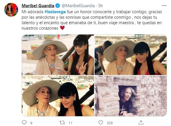 En las primeras horas de este miércoles 10 de marzo, Maribel Guardia, posteó una serie de fotos de cuando trabajaron juntas en Muchacha Italiana Viene a Casarse con un mensaje de despedida: "Mi adorada Isela Vega, fue un honor conocerte y trabajar contigo. Gracias por las anécdotas y las sonrisas que compartiste conmigo. Nos dejas tu talento y el encanto que emanaba de ti. Buen viaje, maestra, te quedas en nuestros corazones", anotó.