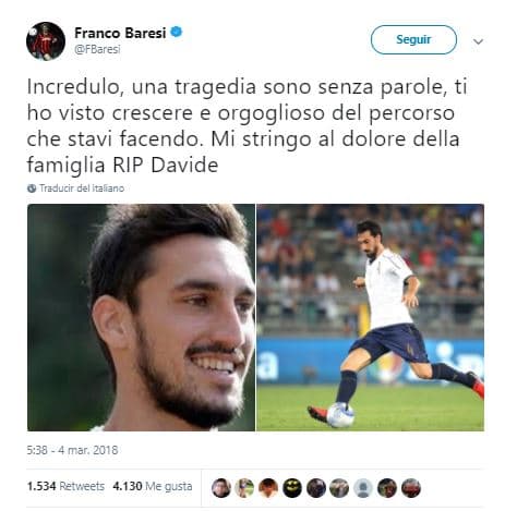 Franco Baresi: Incrédulo, una tragedia que no tiene palabras, te vi crecer y estaba orgulloso del camino que estabas haciendo. Me aferro al dolor de la familia RIP Davide