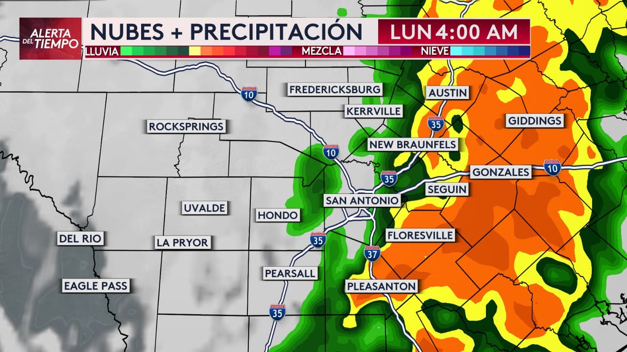 Las lluvias se moverán hacia el este rumbo a Gonzales, Floresville, Pleasanton y Giddings la madrugada del lunes.