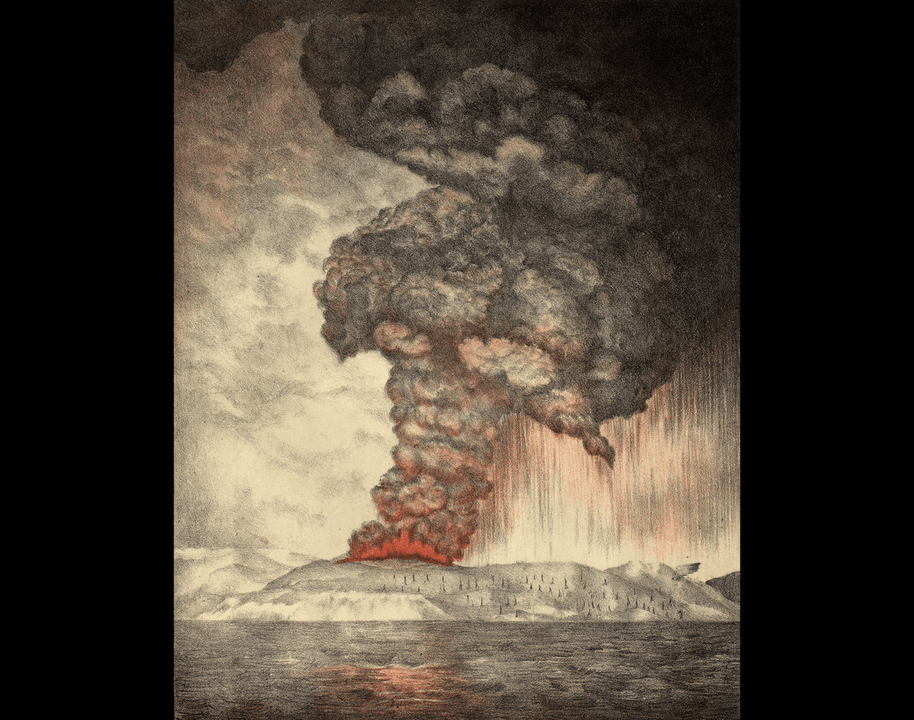 <h3 class="cms-H3-H3">Krakatoa, Indonesia</h3>
<br>
<br>La erupción del monte Krakatoa, el 27 de agosto de 1883, fue tan mortal que destruyó la isla entera en la que residía la montaña. En la imagen, aparece una litografía difundida en 1888 sobre el suceso. El monte comenzó a emitir emitir varias erupciones masivas que llevaron a desgarrar las paredes de la montaña. La explosión final más poderosa que, se calcula, su ruido fue mayor a la bomba más grande que se haya detonado jamás. 
<b>A ello siguió una serie de tsunamis que mataron a unas 36,000 personas. </b>