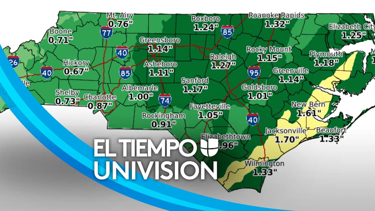 Un sistema de baja presión dejará acumulados de lluvia de hasta 1 pulgada y vientos de 30 mph a su paso por Carolina del Norte.