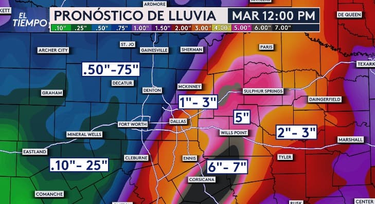 El pronóstico de lluvia y de acumulados es bajo para nuestra región, solo zonas como Corsicana podrían registrar acumulados mayores.