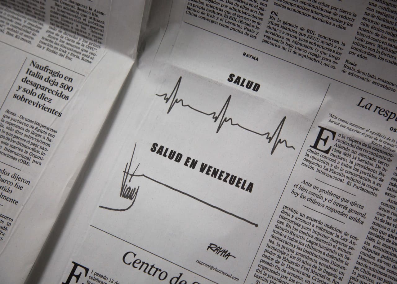 <b>Censorship</b>. There is no access to public information. The government pursues journalists and media with court orders and fines. Chavismo bought big media and changed its editorial line. In the photo, a caricature that criticizes the health system in Venezuela, published in a newspaper bought by entrepreneurs affectionate to Nicolás Maduro. The author was dismissed after the publication.