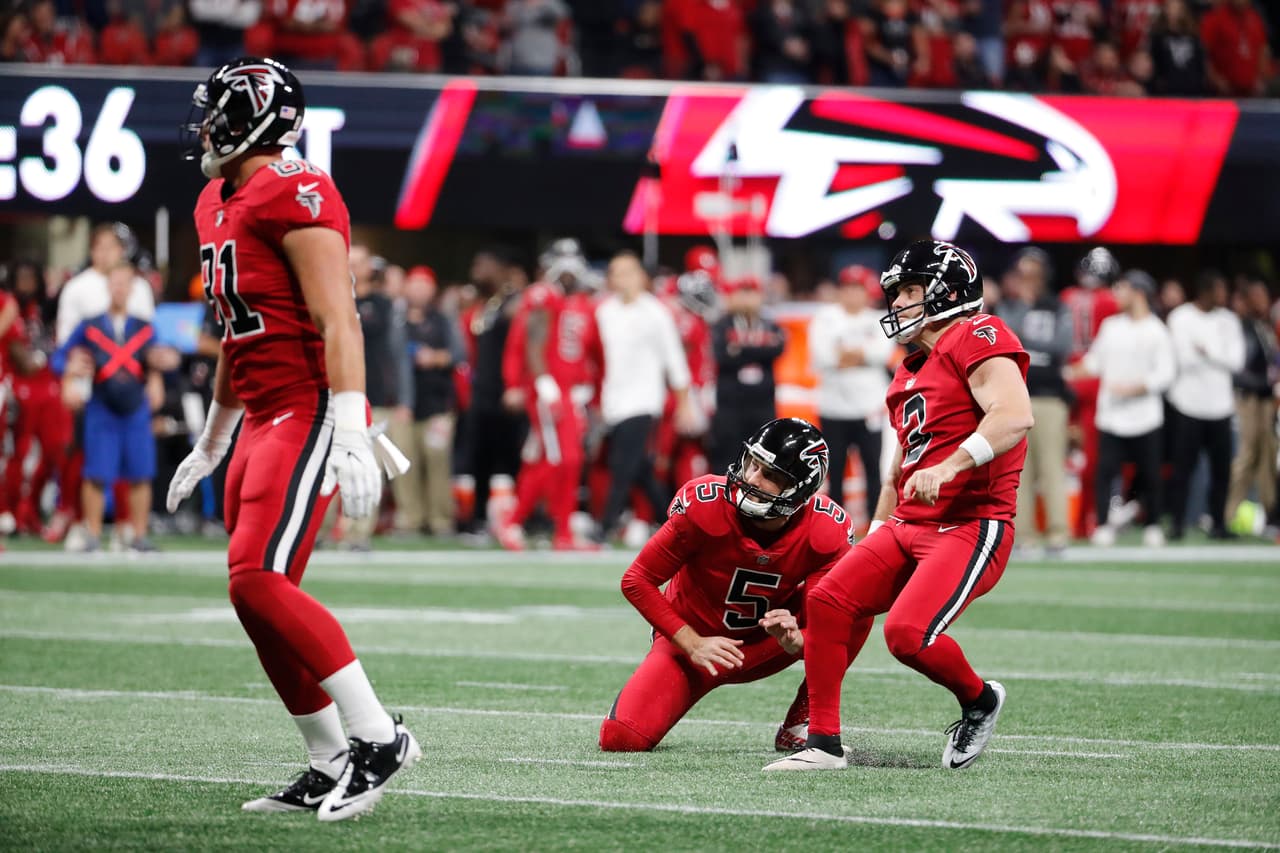 Atlanta Falcons kicker Matt Bryant (3) watches his field goal against the New Orleans Saints during the first half of an NFL football game, Thursday, Dec. 7, 2017, in Atlanta. (AP Photo/David Goldman)