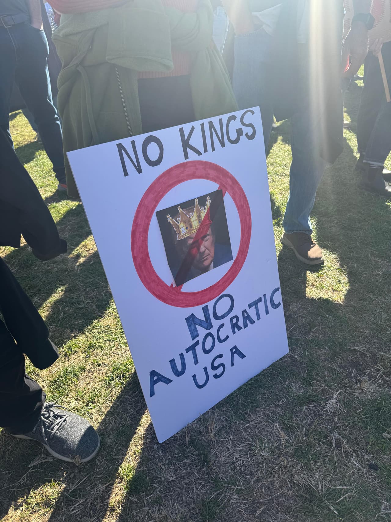 Personas con pancartas que rezan mensajes como 
<b>“No kings” o “No dictadores”</b>, unidas a banderas arcoíris y símbolos de derechos LGTBQ+.