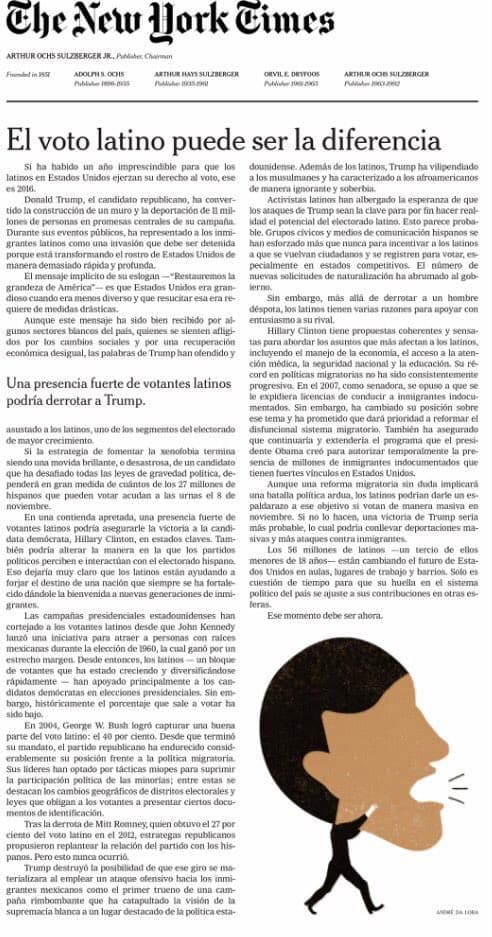 Así hizo el 'New York Times' su primer editorial impreso en español, pidiendo a los latinos que voten