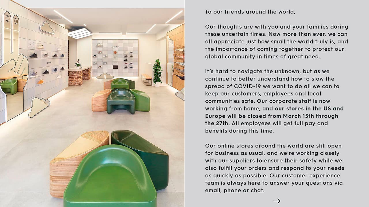 Todas las tiendas de Allbirds en Estados Unidos y Europa se mantendrán cerradas entre el 15 y el 27 de marzo, pero sus empleados recibirán sus pagos y beneficios completos.