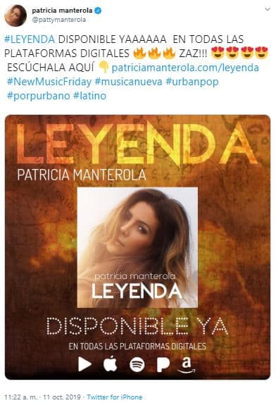 "Así que no queda de otra que continuar con la vida y lanzar este sencillo (
<a href="https://twitter.com/pattymanterola/status/1182692974045605890?ref_src=twsrc%5Egoogle%7Ctwcamp%5Eserp%7Ctwgr%5Etweet" target="_blank">'Leyenda'</a>) , en el que llevo tantos meses trabajando, agradecida y contenta de compartirlo con mis fans y la gente que me quiere", indicó. 
<br>