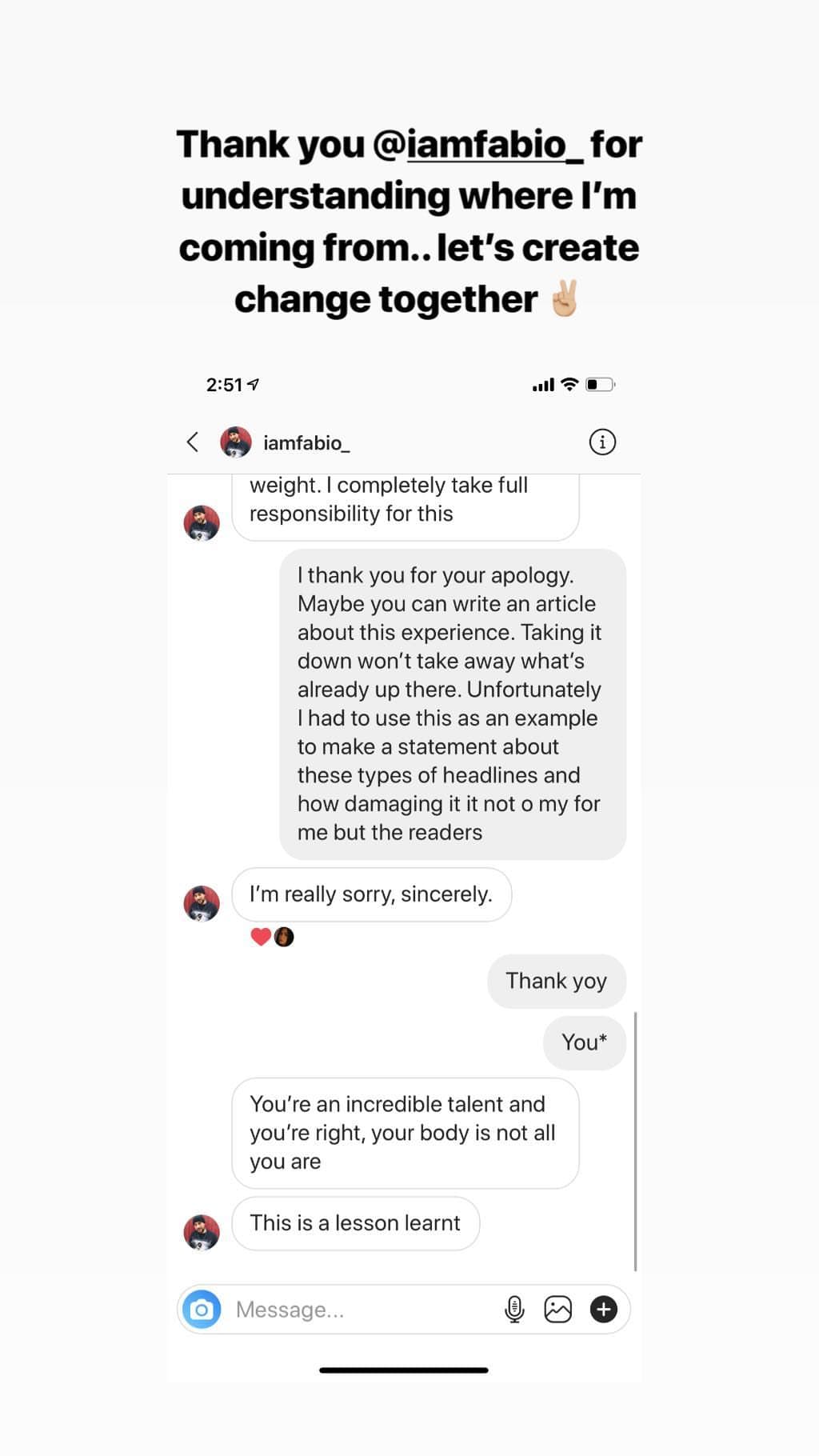 La cantante también compartió imágenes sobre una conversación que tuvo con el autor del artículo, Fabio Magnocavallo: “Gracias por comprender de dónde vengo. ¡Creemos el cambio juntos”.
<br>