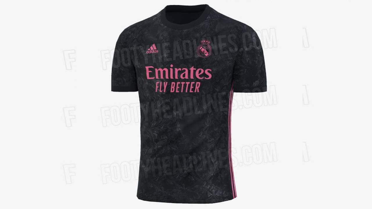 La tercera camiseta de juego tiene motivos vegetales de color gris y rosa, que es el color secundario, y el fondo tiene un dibujo extraño con trazos irregulares.