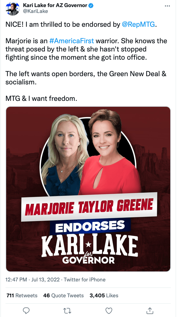 La congresista federal de Georgia Marjorie Taylor Greeen le dio su apoyo a Kari Lake. Green fiel seguidora de Donald Trump, cuestionada por muchas de sus acciones en el Congreso.