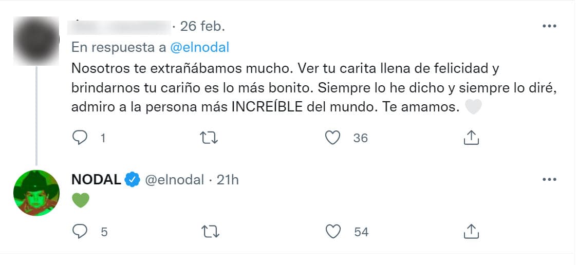 El mensaje que colgó tuvo eco en gran número de sus fans, quienes le hicieron saber que ellos también lo "extrañaban mucho". Nodal contestó con cariño esos mensajes.