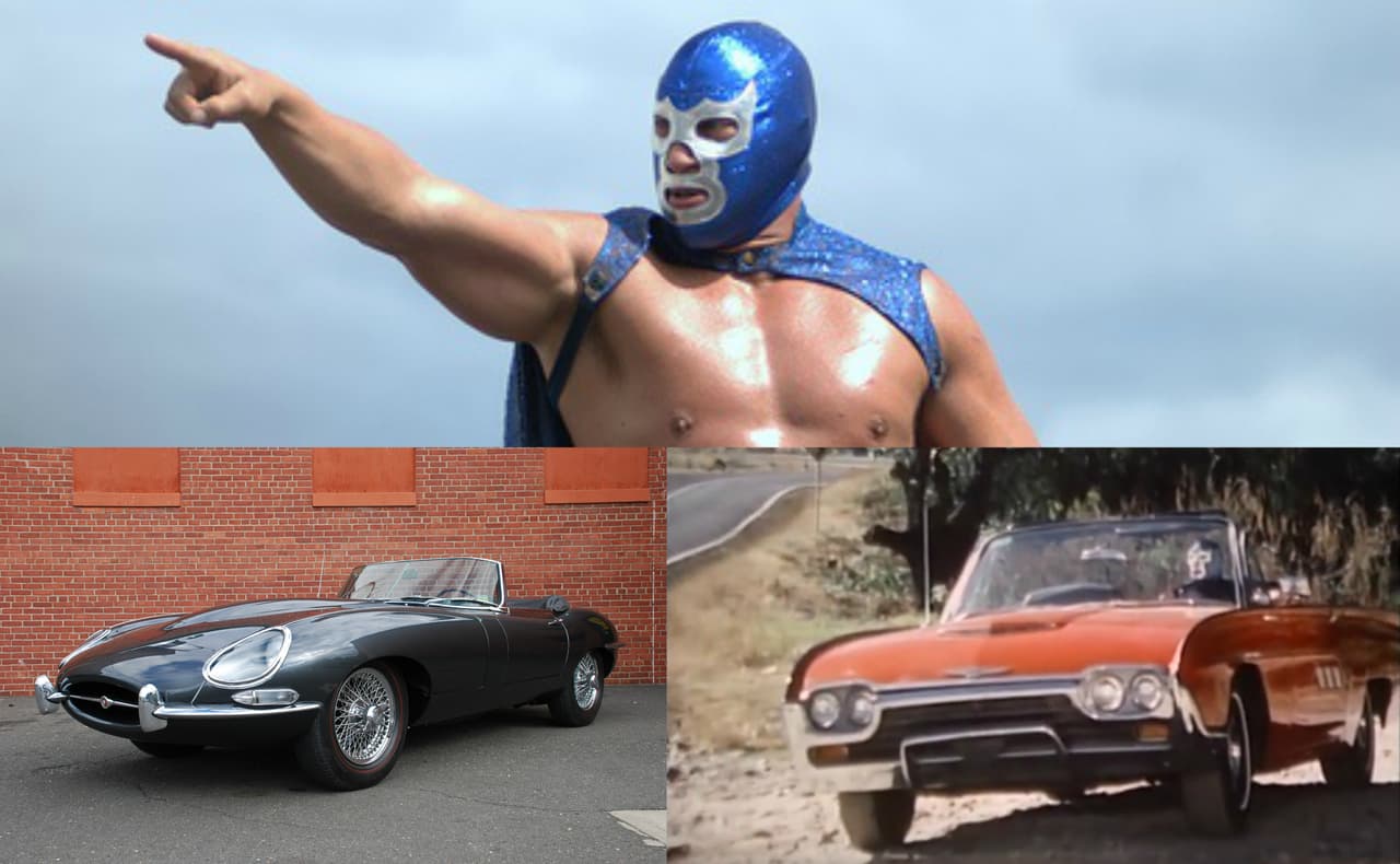 Blue Demon fue uno de los grandes héroes de la lucha libre mexicana, y durante la década de 1960 se interpretó a sí mismo en varias películas. En algunas, manejó autos espectaculares de la época que veremos a continuación.