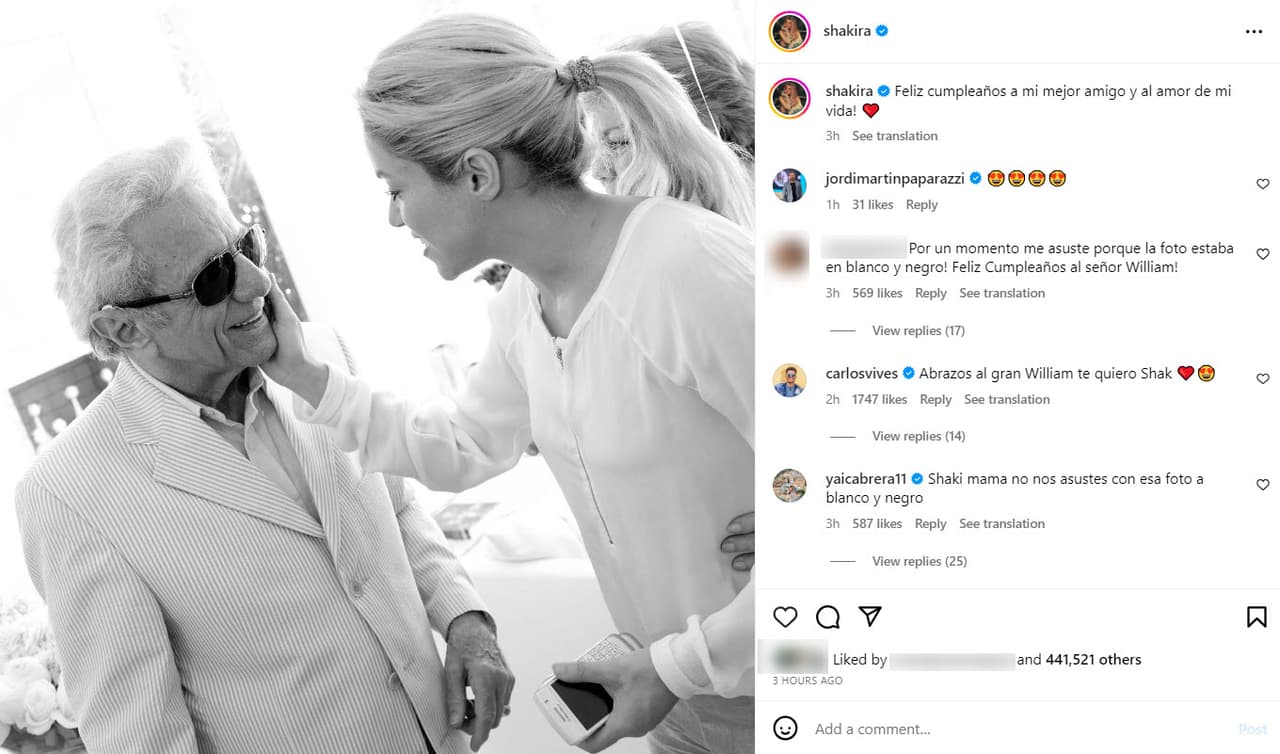Shakira felicita a su papá en su cumpleaños 92.