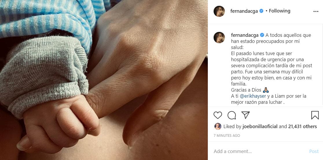 El 18 de enero, volvió a Instagram con esta foto para agradecer las muestras de cariño y describió como 
<b><a href="https://www.univision.com/famosos/fernanda-castillo-reaparece-salio-del-hospital-que-le-paso-salud-fotos" target="_blank">"severa complicación" el cuadro postparto</a></b> que sufrió y que la puso en peligro. 
<br>