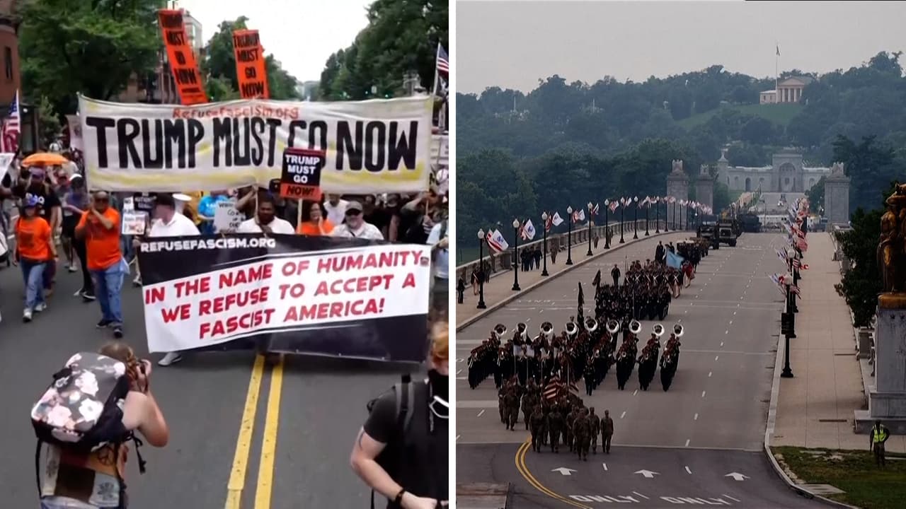 La capital del país fue testigo de una jornada marcada por el desfile conmemorativo del 250 aniversario de las Fuerzas Armadas, que coincide con el cumpleaños del presidente Trump, y protestas por el ‘No Kings Day’, que juntó cerca de 2,000 manifestaciones a lo largo del país en contra de sus políticas.