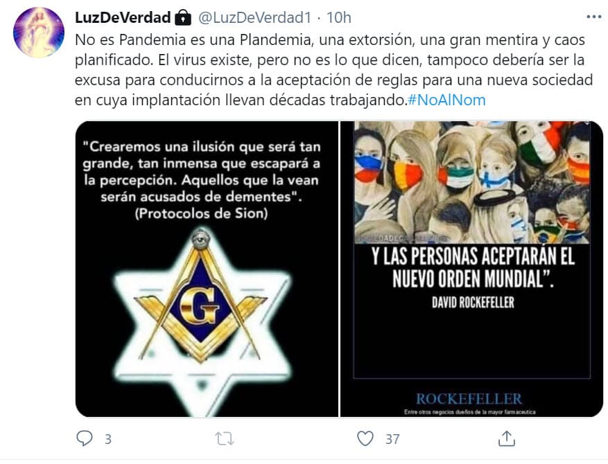 En otro sostiene que
<b><a href="https://twitter.com/LuzDeVerdad1/status/1355701388647530501" target="_blank">la pandemia es "una mentira"</a></b> y luego se contradice al decir que "el virus existe".
<br>