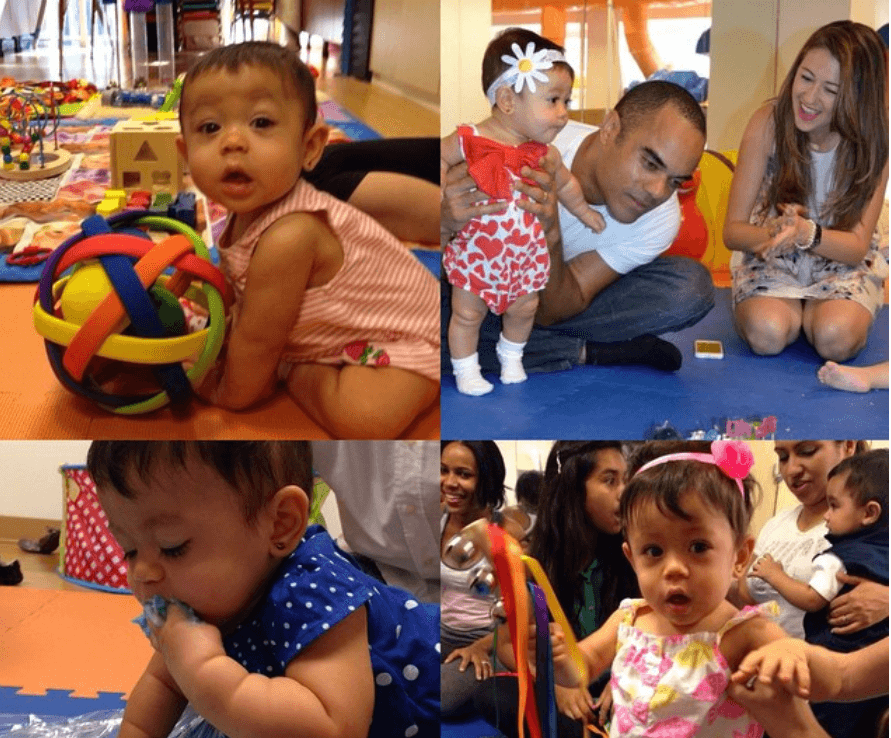 Los avances de Mia gracias a las clases de estímulo temprano. Foto 1: primera clase. Tenía 7 meses y todavía no se sentaba. Foto 2: cumpleaños de papi. Todos los bebés cantaron cumpleaños feliz. Foto 3: 'Patuque Pa Dentro Time'. Foto 4: última clase de Mia con 11 meses bailando y casi dando pasito pasito.