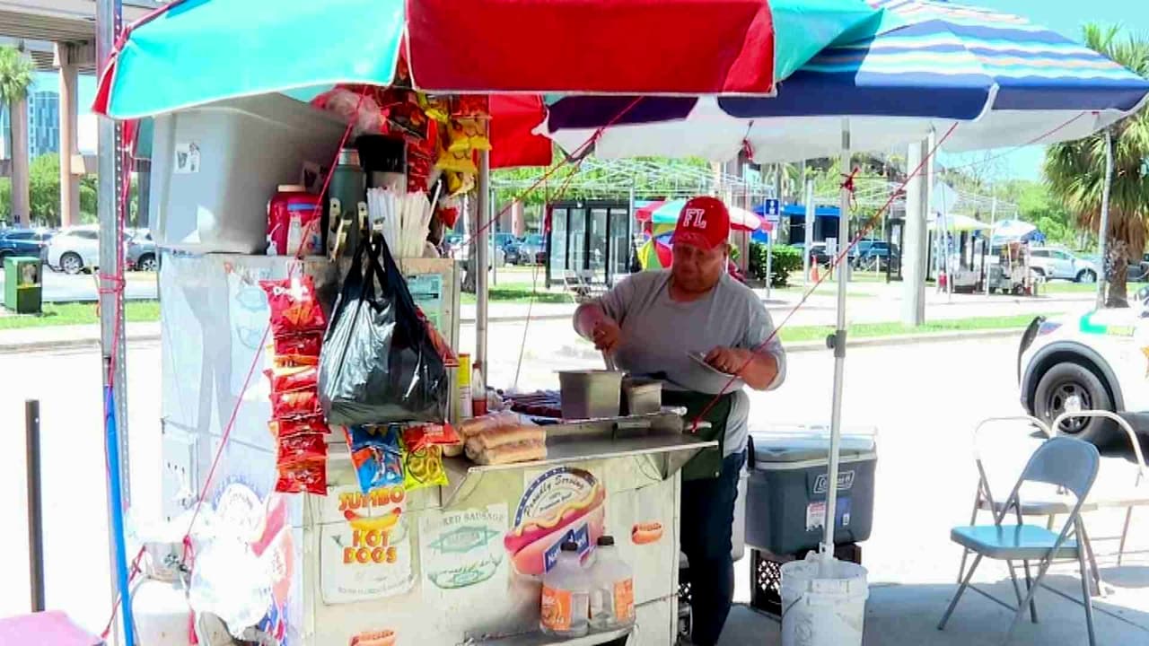 Madre hispana se gana la vida vendiendo perros calientes frente a la corte de Miami