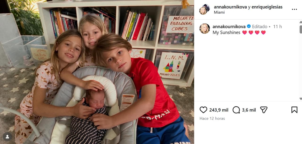 Enrique Iglesias y Anna Kournikova publicaron esta tierna fotografía en la que aparecen todos sus hijos.