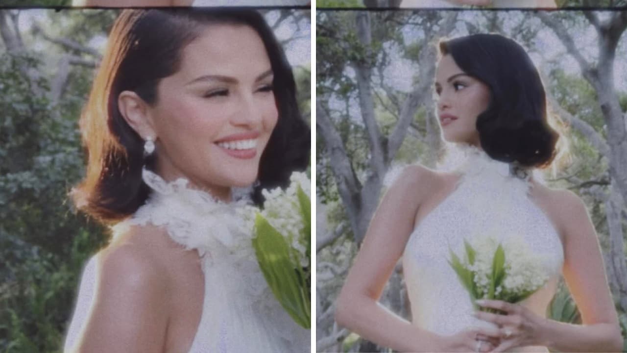 El vestido de novia de Selena Gómez tiene cuello halter.