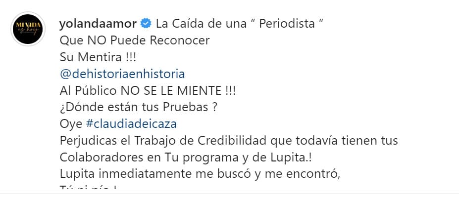 "Oye, Claudia de Icaza, perjudicas el trabajo de credibilidad que todavía tienen tus colaboradores en tu programa y de Lupita (Martínez). Lupita inmediatamente me buscó y me encontró ¡Tú ni pío! 
<b>Sólo hablas sin argumentos</b>", externó.
<br>