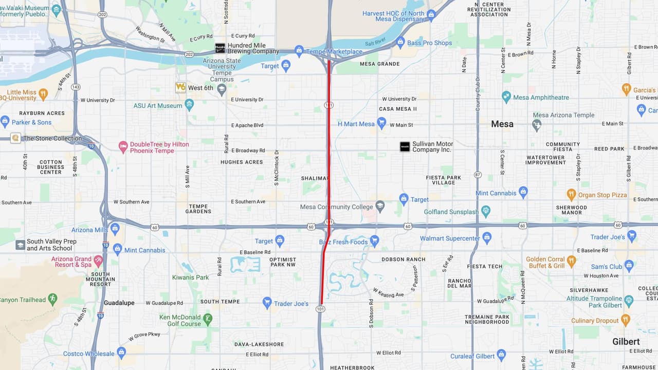 <b>Loop 101 norte</b>
<br>El Loop 101 en dirección norte se reducirá a un carril durante la noche entre Guadalupe Road y el Loop 202, en Tempe, de las 9 p.m. del domingo 18, hasta las 5 a.m. del lunes 19 de febrero.
<br>
<br>
<b>Rutas alternas</b>
<br>Considere rutas alternativas y permita tiempo de viaje adicional. Reduzca la velocidad e incorpórese de manera segura cuando se acerque y viaje a través de todas las zonas de trabajo.