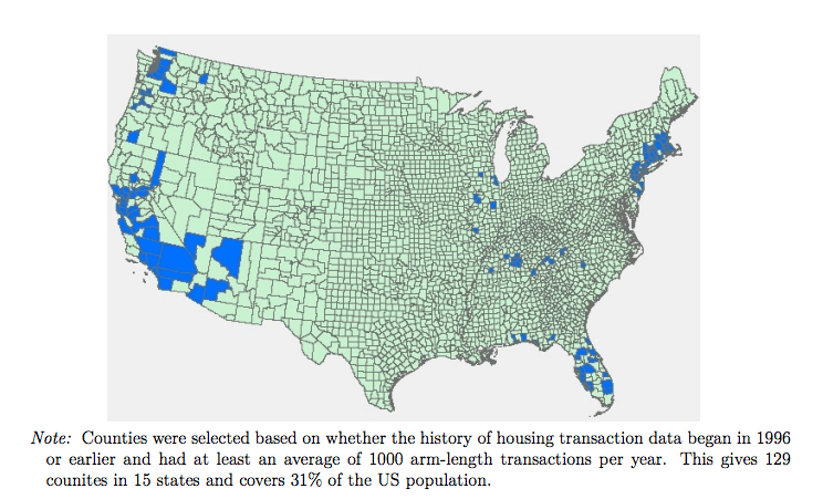 Nota: Los condados fueron seleccionados tomando en cuenta si el historial de los datos de transacciones de viviendas comenzó en 1996 o antes y tenía al menos un promedio de mil transacciones en condiciones de mercado por año. Esto arroja la cifra de 129 condados en 15 estados y cubre el 31% de la población estadounidense.